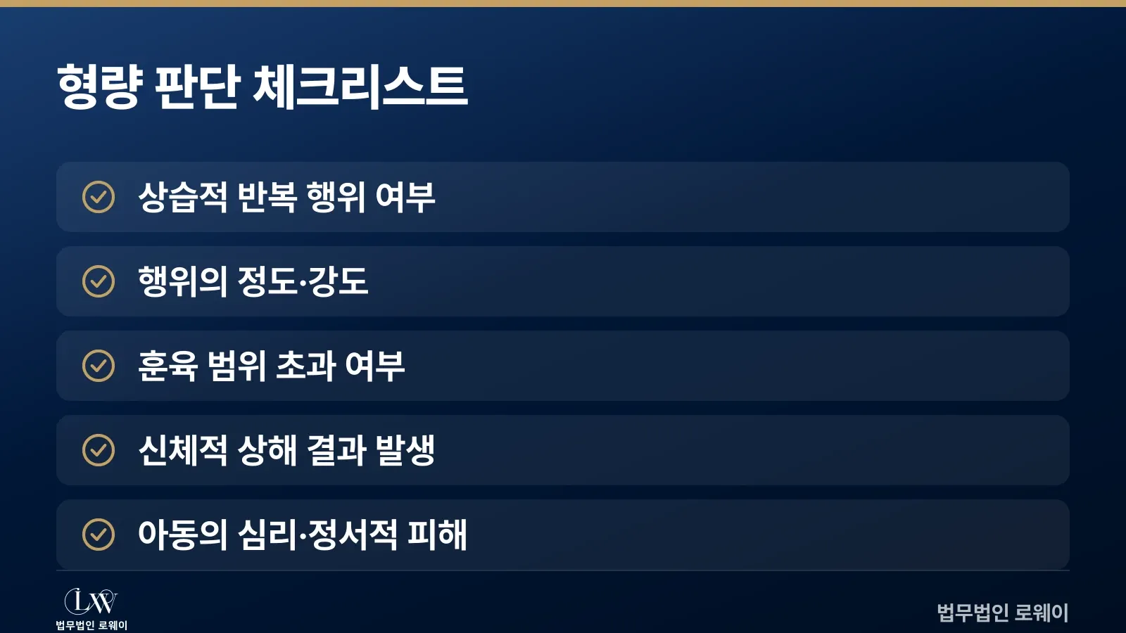 아동학대 형량 판단 요소 체크리스트(상습성, 행위 정도, 훈육 범위, 상해 결과, 심리 피해)