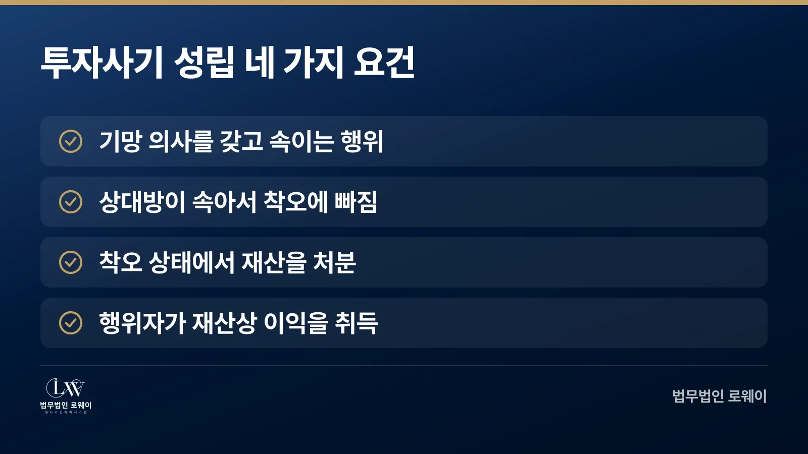 투자사기 성립 요건 네 가지: 기망행위, 착오, 처분행위, 이익 취득